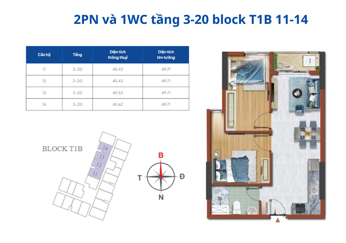 Căn hộ 2PN và 1WC Destino Centro