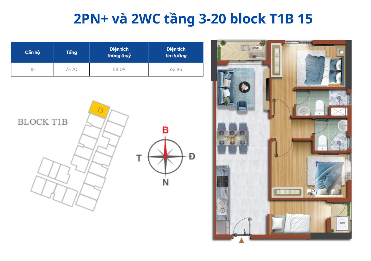 Căn 2PN Plus và 2WC Destino Centro