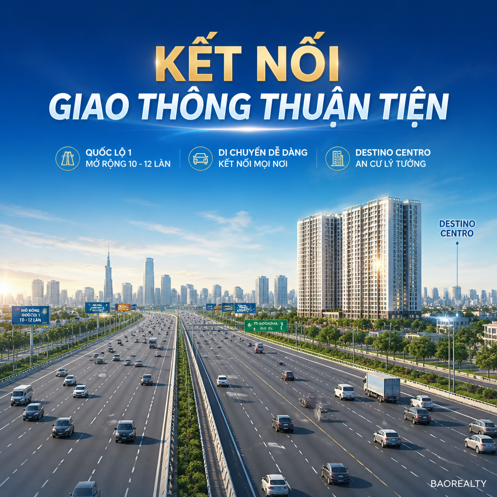 Poster dự án căn hộ Destino Centro và mở rộng Quốc lộ 1 kết nối giao thông thuận tiện