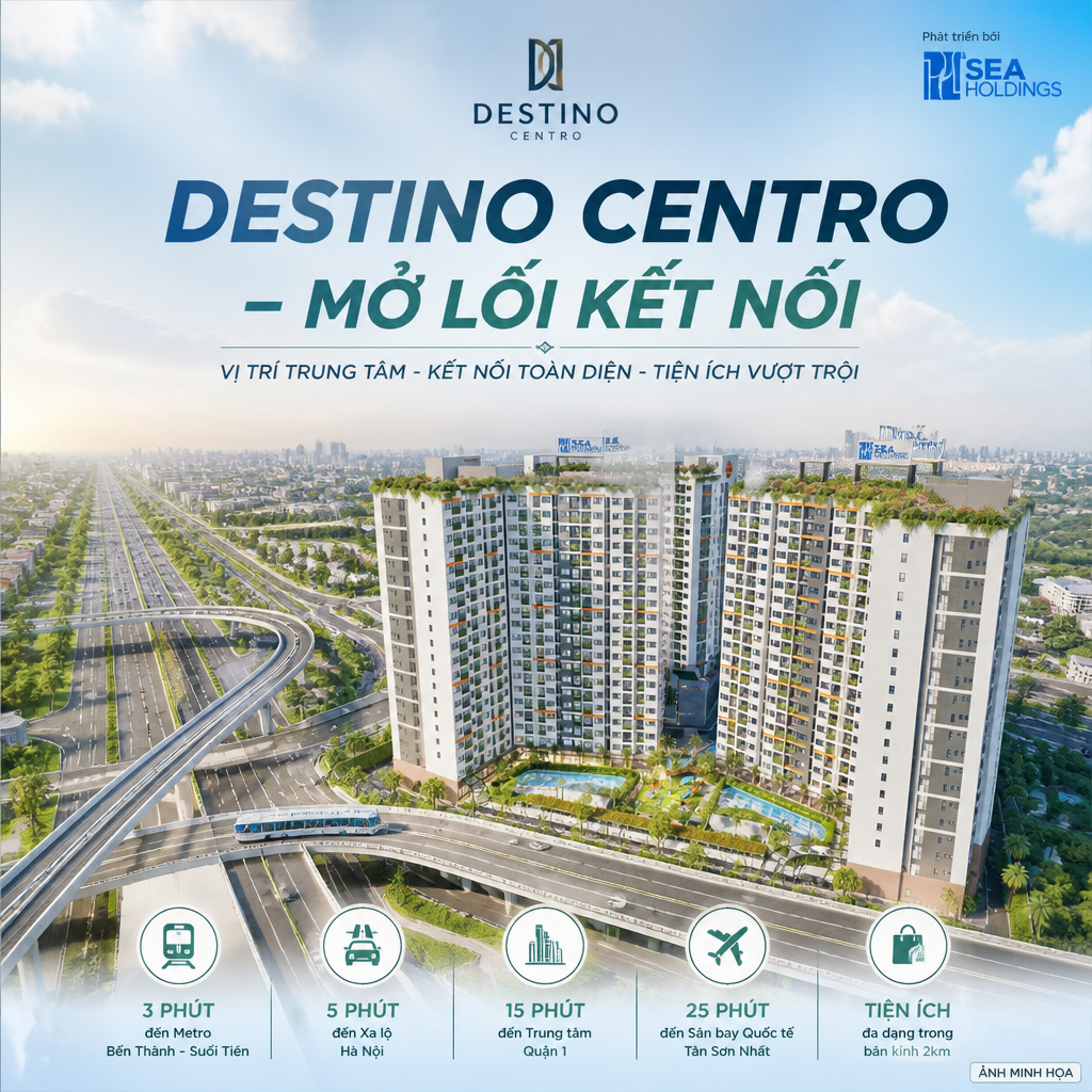 Poster dự án căn hộ Destino Centro tại Mỹ Yên Bến Lức với hạ tầng giao thông phát triển