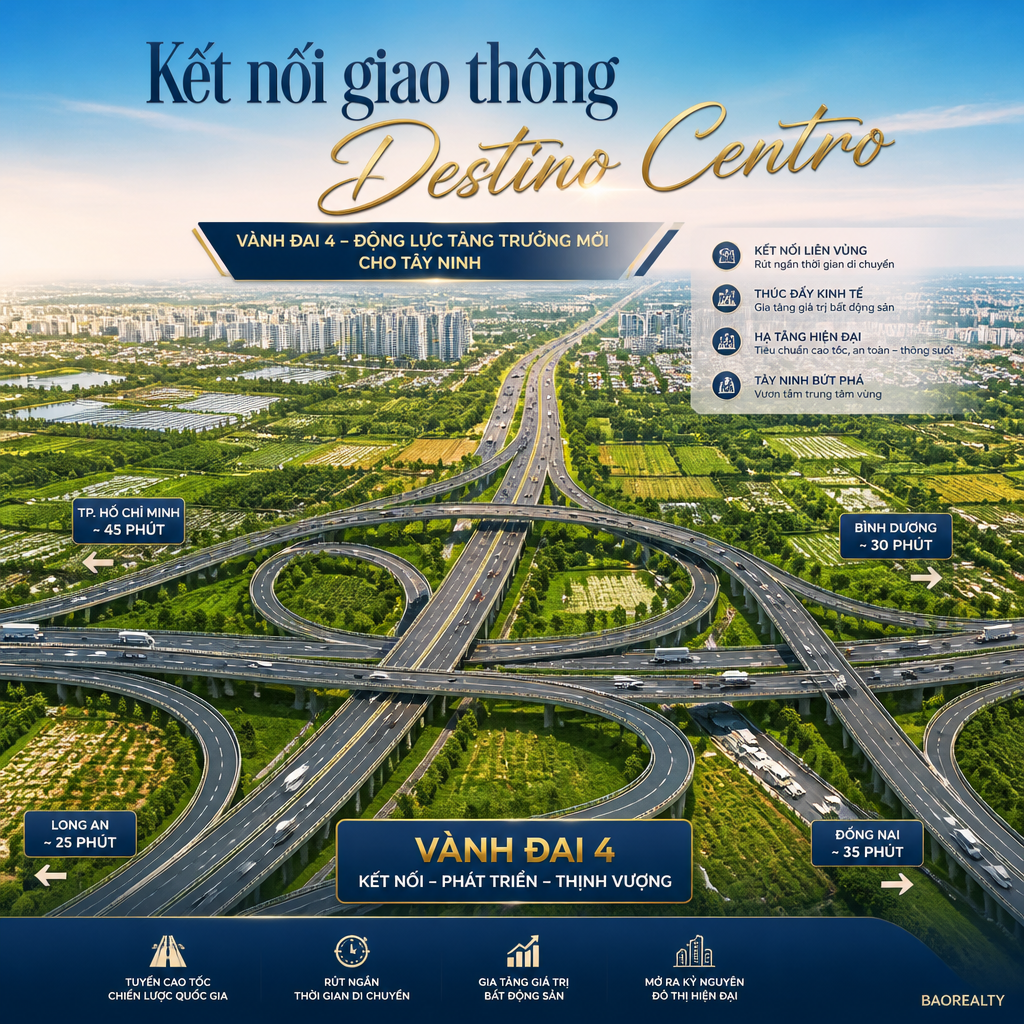 Poster dự án căn hộ Destino Centro và dự án Vành đai 4 Tây Ninh kết nối giao thông
