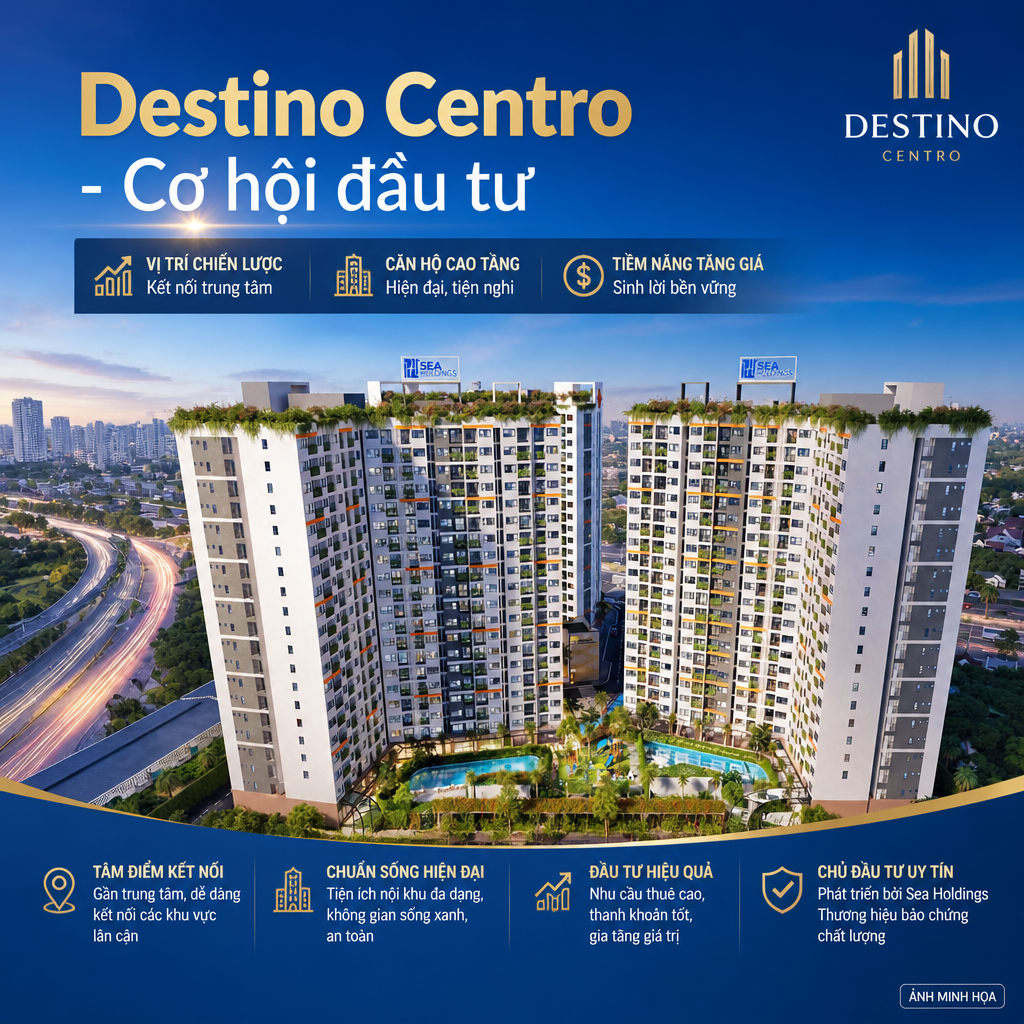 Poster dự án Destino Centro với hình ảnh căn hộ cao tầng và hạ tầng giao thông khu vực Mỹ Yên